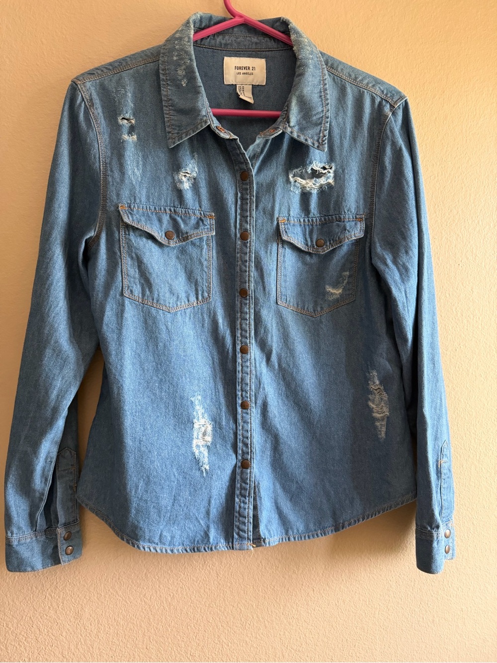 Forever 21 Distressed Denim Button Down Shirt Medium Blue Wash